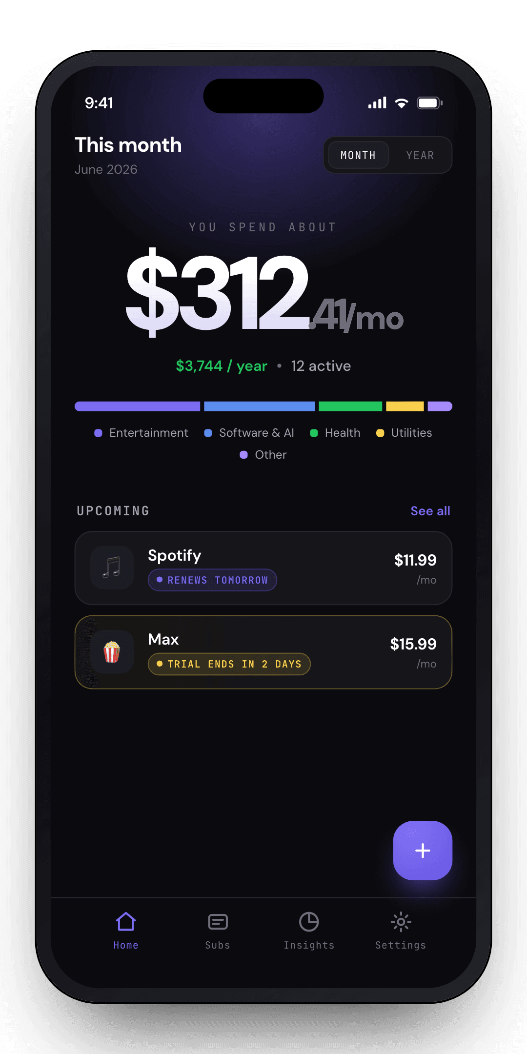 Sublyte showing a $312 per month subscription total with upcoming renewals